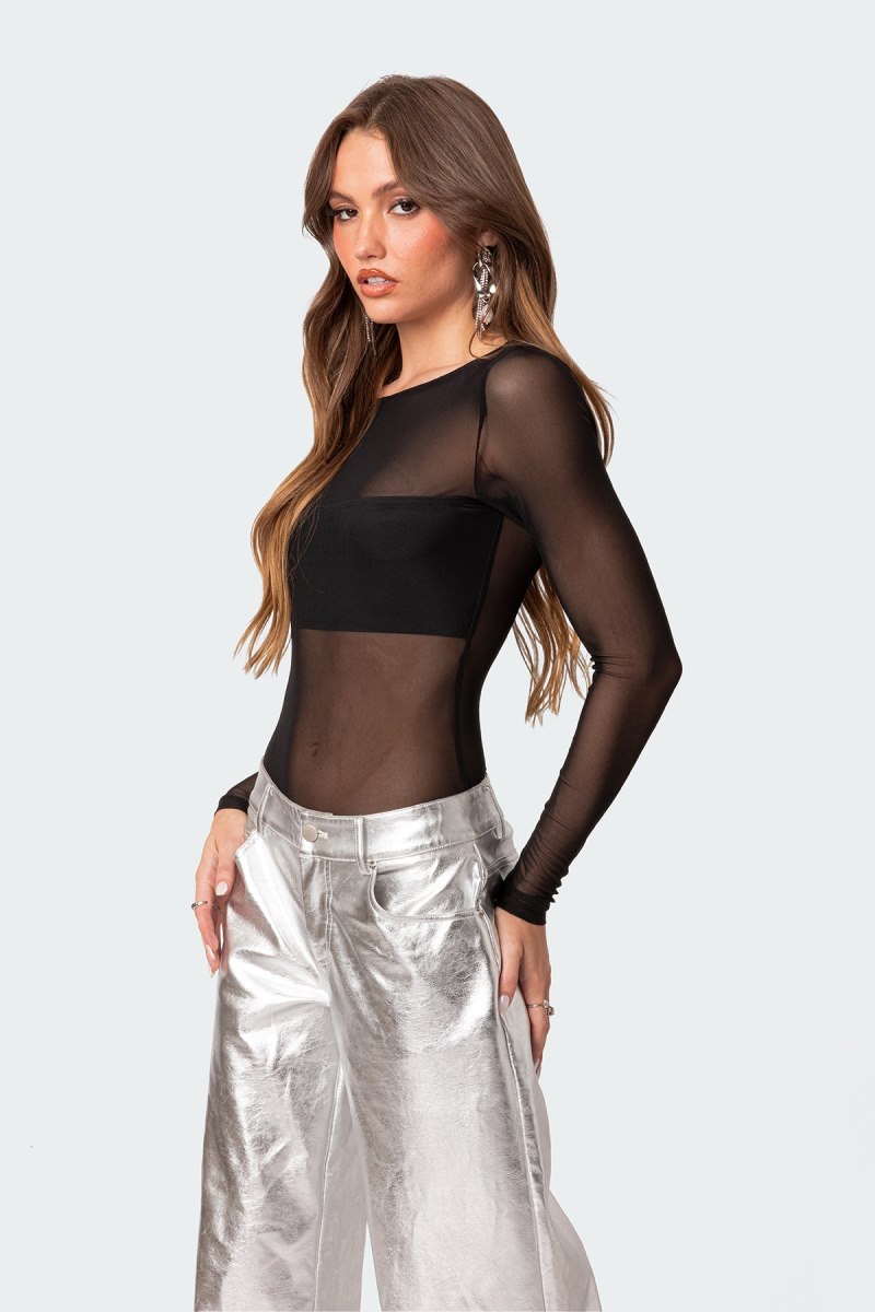 Edikted Sheer Mesh Bandeau Bodysuit Black | USA LG615811U3