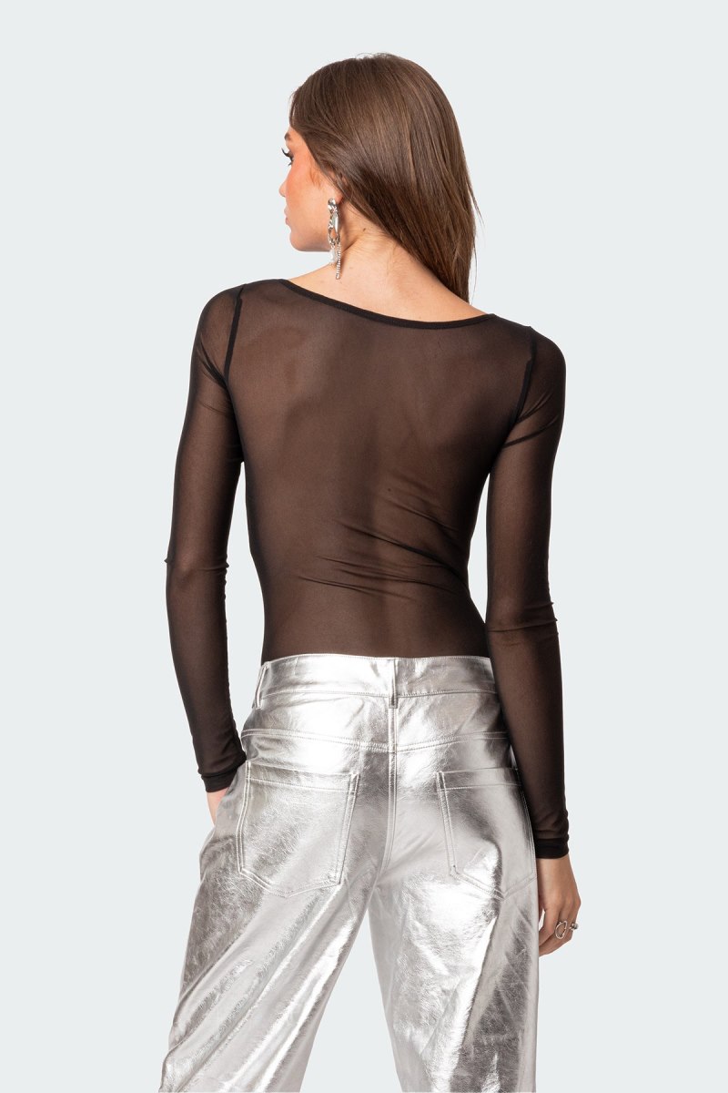 Edikted Sheer Mesh Bandeau Bodysuit Long Sleeve Tops Black | USA DC503460Y9