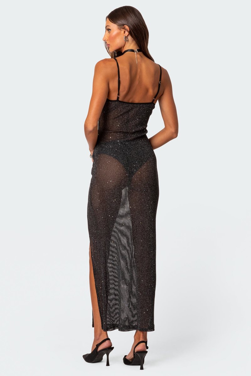 Edikted Sheer Micro Sequin Slitted Maxi Dress LBD Black | USA SI421352T4