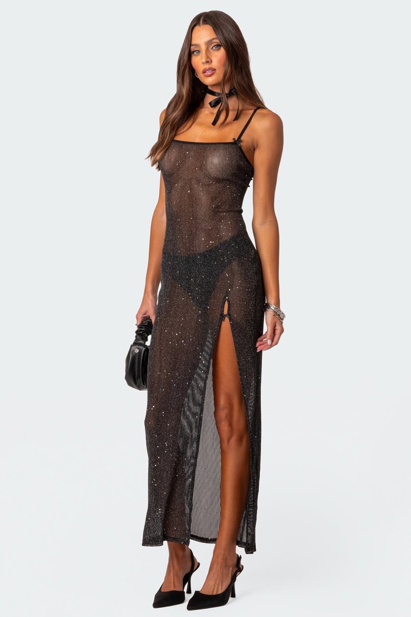Edikted Sheer Micro Sequin Slitted Maxi Dress Maxi Dress Black | USA OK122102J1