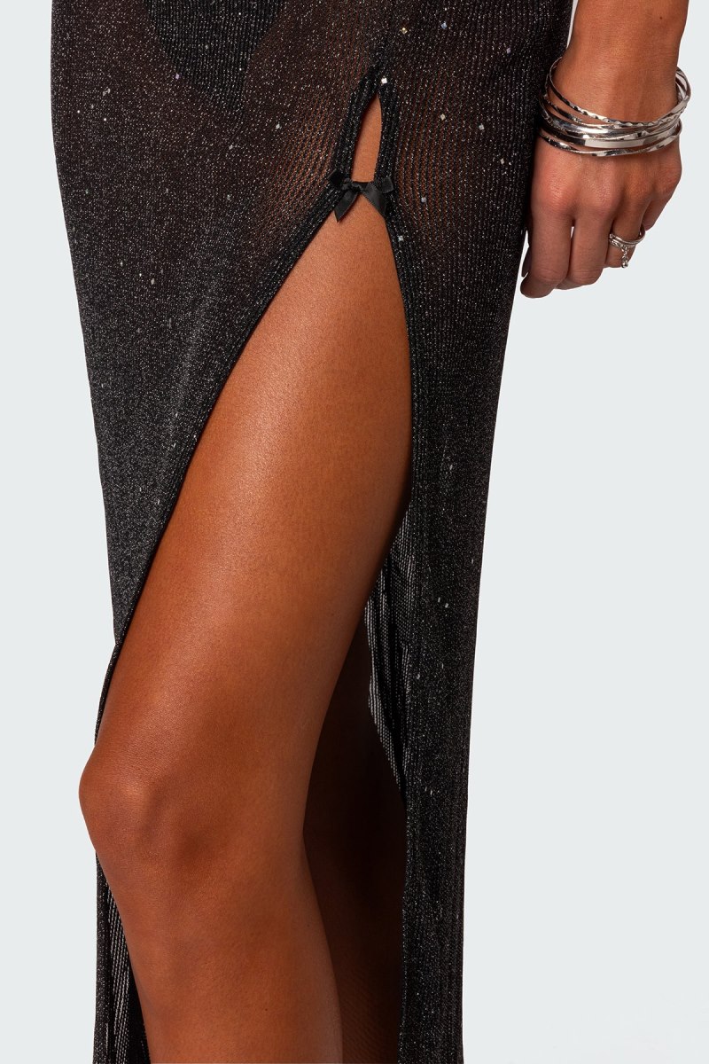 Edikted Sheer Micro Sequin Slitted Maxi Dress Maxi Dress Black | USA OK122102J1