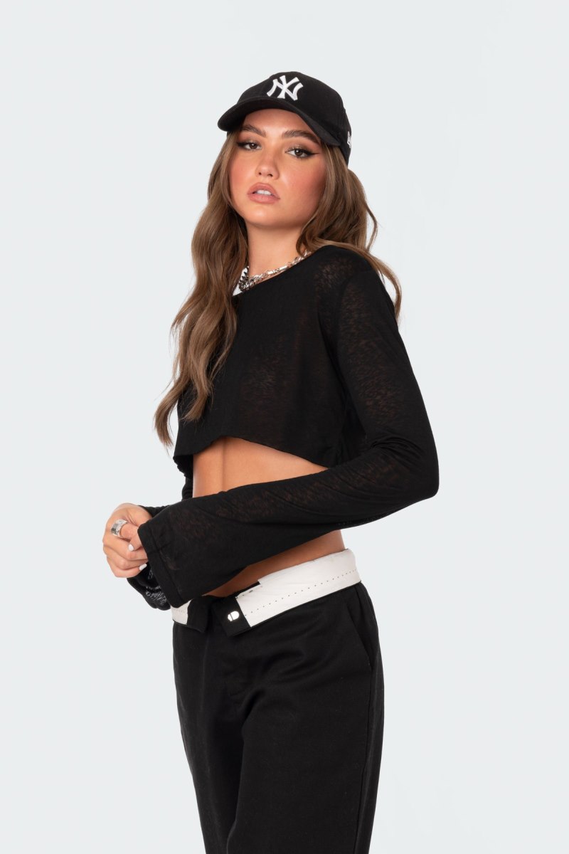 Edikted Sheer Raw Hem Crop Long Sleeve Tops Black | USA DR626272M5