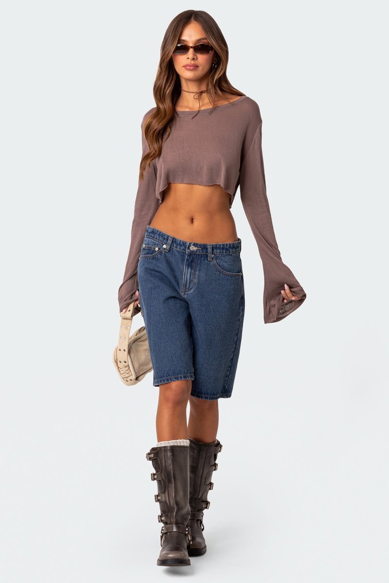 Edikted Sheer Raw Hem Crop Long Sleeve Tops Black | USA KG154205M8