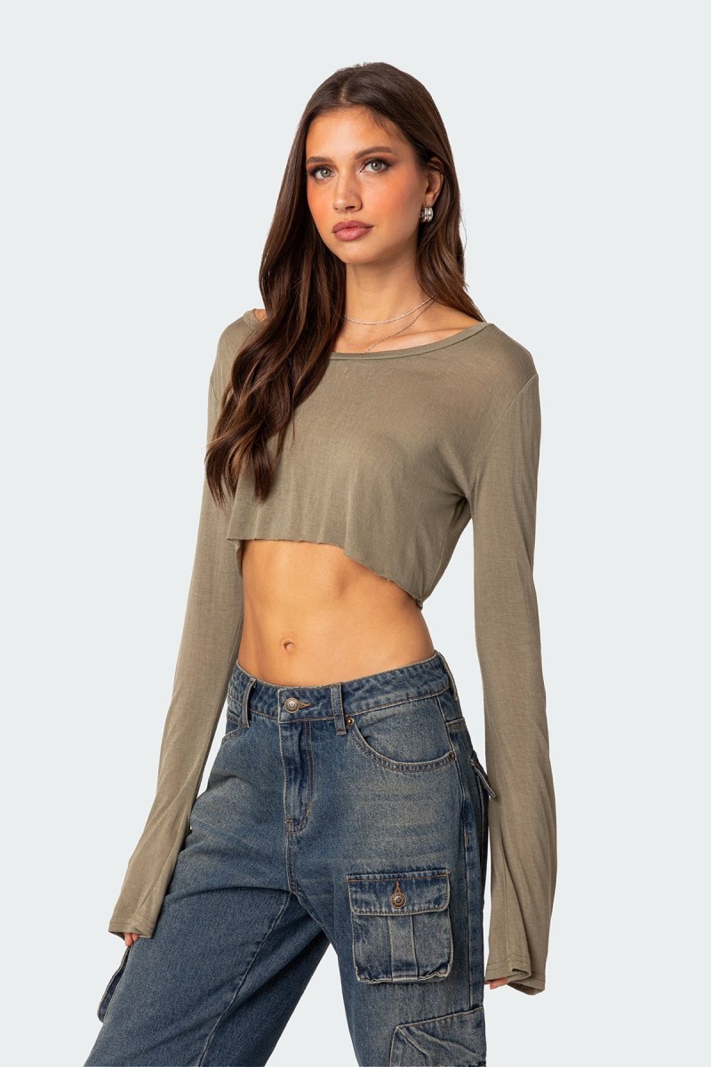 Edikted Sheer Raw Hem Crop Tops Black | USA RO823632W3