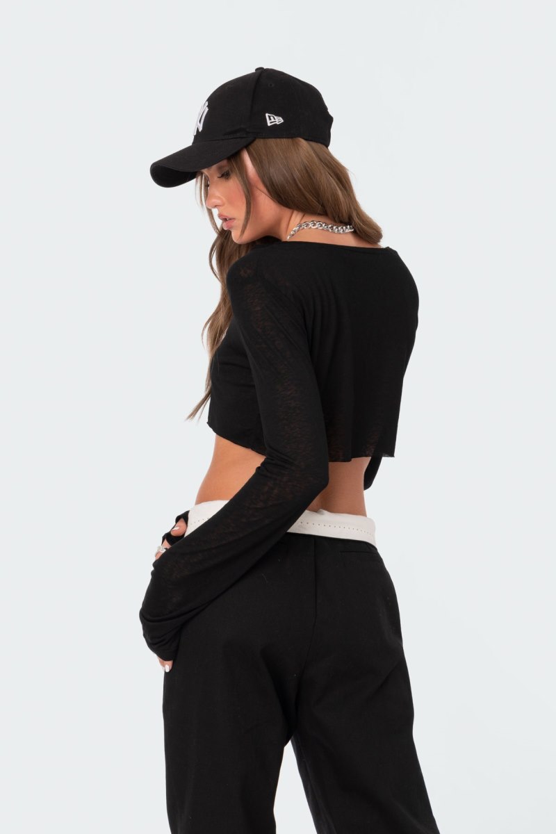 Edikted Sheer Raw Hem Crop Tops Black | USA YB808560Y0