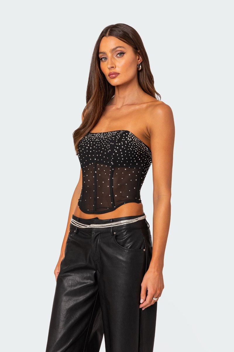 Edikted Sheer Rhinestone Corset Strapless Tops Black | USA XA413981J4