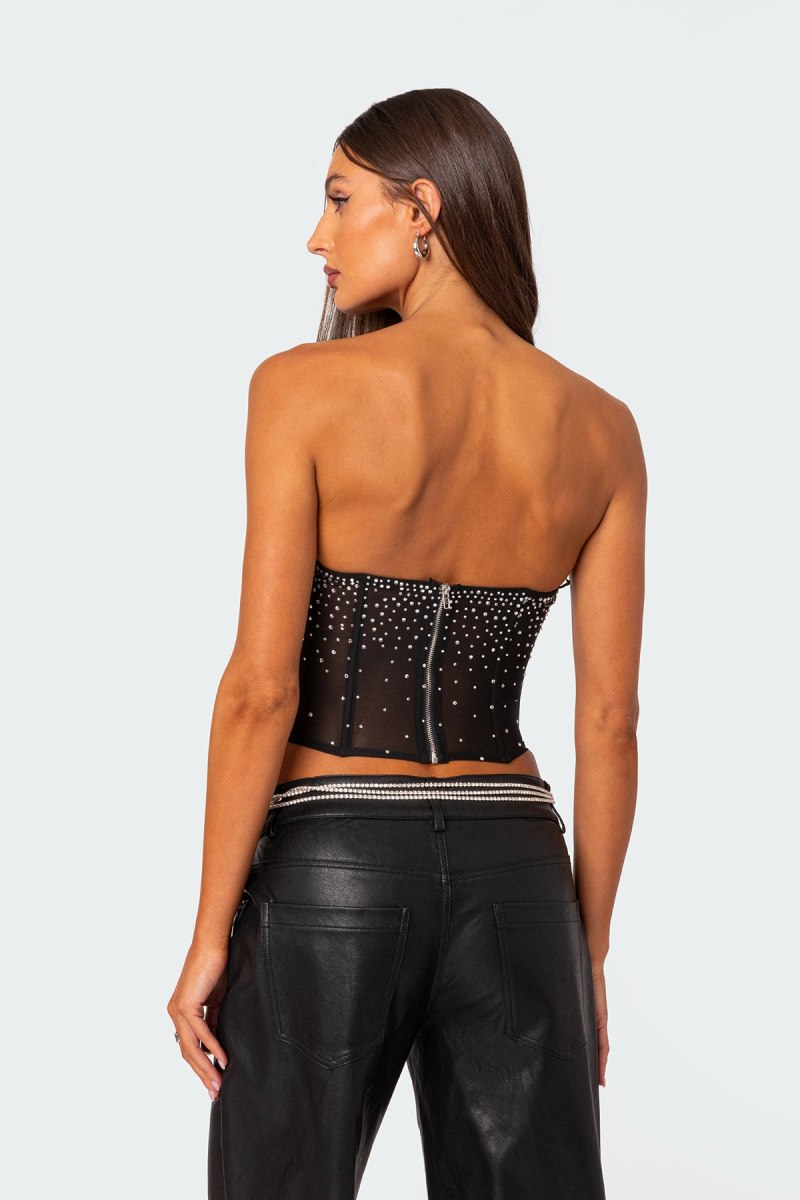 Edikted Sheer Rhinestone Corset Strapless Tops Black | USA XA413981J4