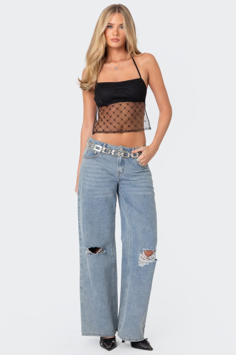 Edikted Sheer Sequin Backless Crop Tops Black | USA ZV104300I5