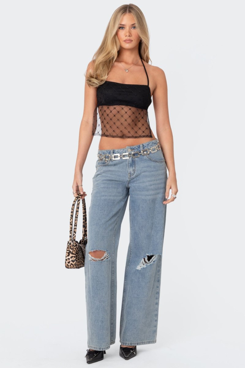 Edikted Sheer Sequin Backless Crop Tops Black | USA ZV104300I5