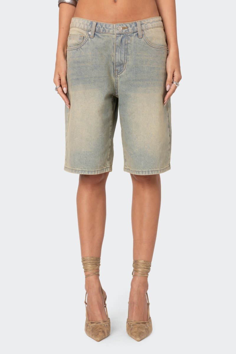 Edikted Shira Washed Denim Bermuda Shorts Blue Washed | USA BW016021P3