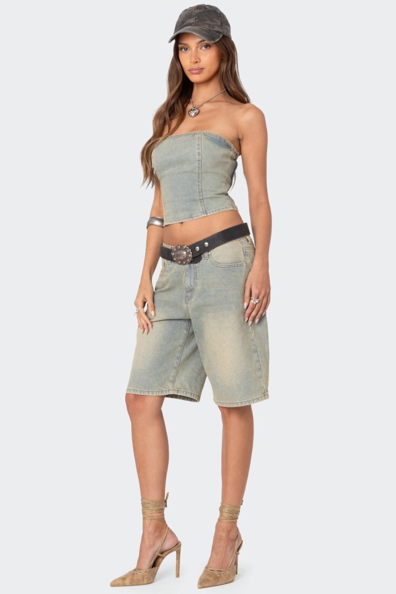 Edikted Shira Washed Denim Bermuda Shorts Blue Washed | USA BW016021P3