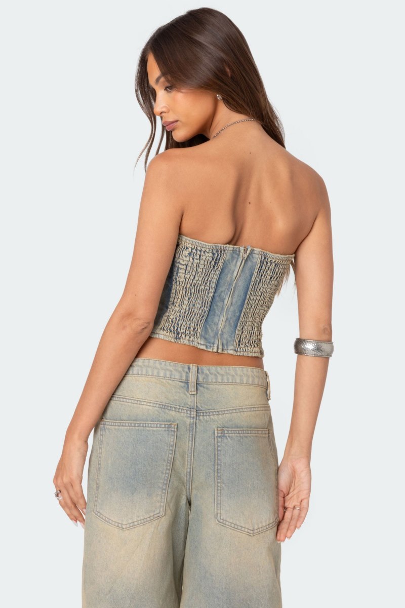 Edikted Shira Washed Denim Tube Strapless Tops Blue Washed | USA MB688868R6