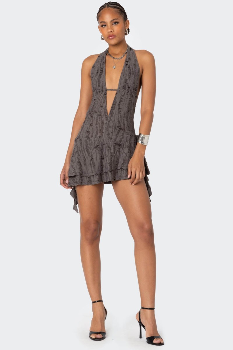 Edikted Shredded Backless Halter Mini Dress Black | USA EQ502350I2