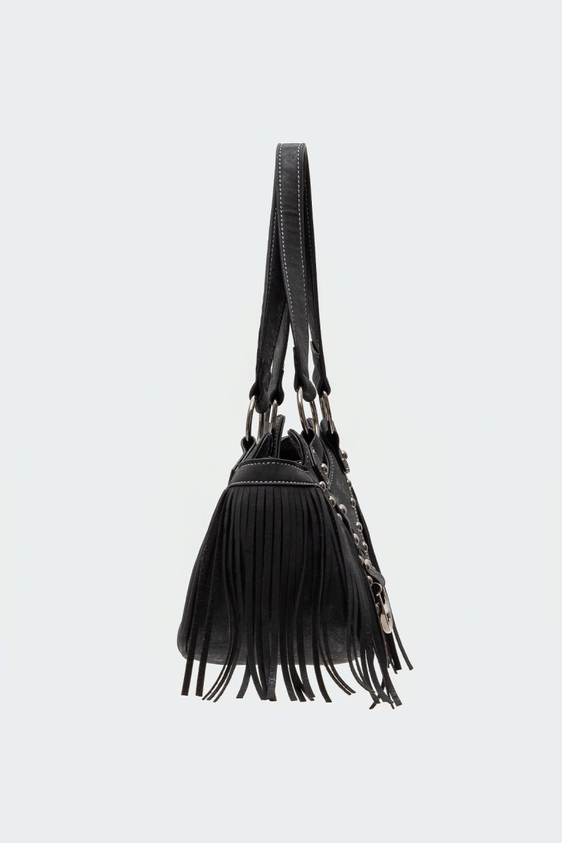 Edikted Shterna Fringed Faux Leather Sueded Bags Black | USA LV472197B5