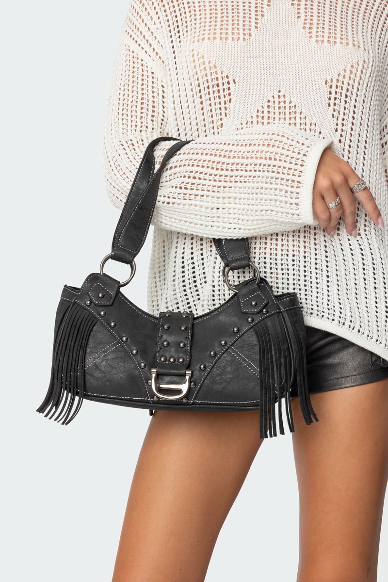 Edikted Shterna Fringed Faux Leather Sueded Bags Black | USA LV472197B5