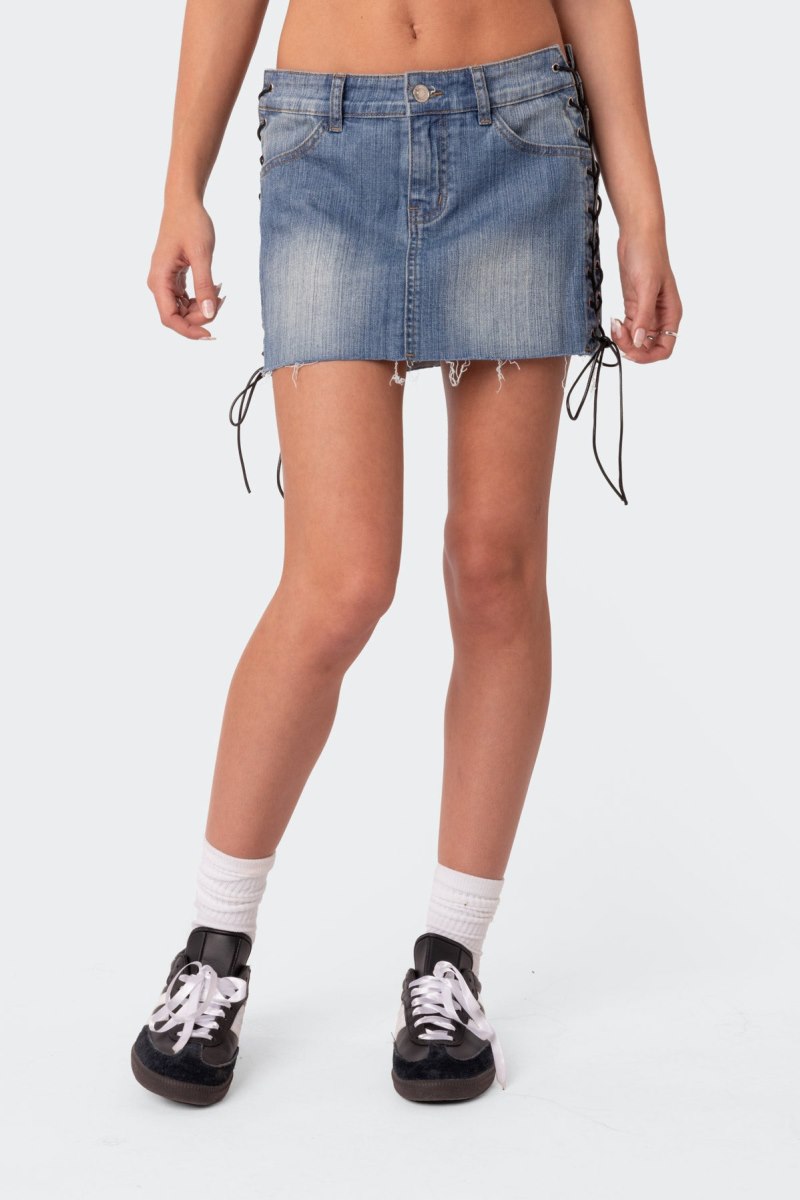 Edikted Side Lace Up Denim Mini Skirts Blue Washed | USA GG137983F6