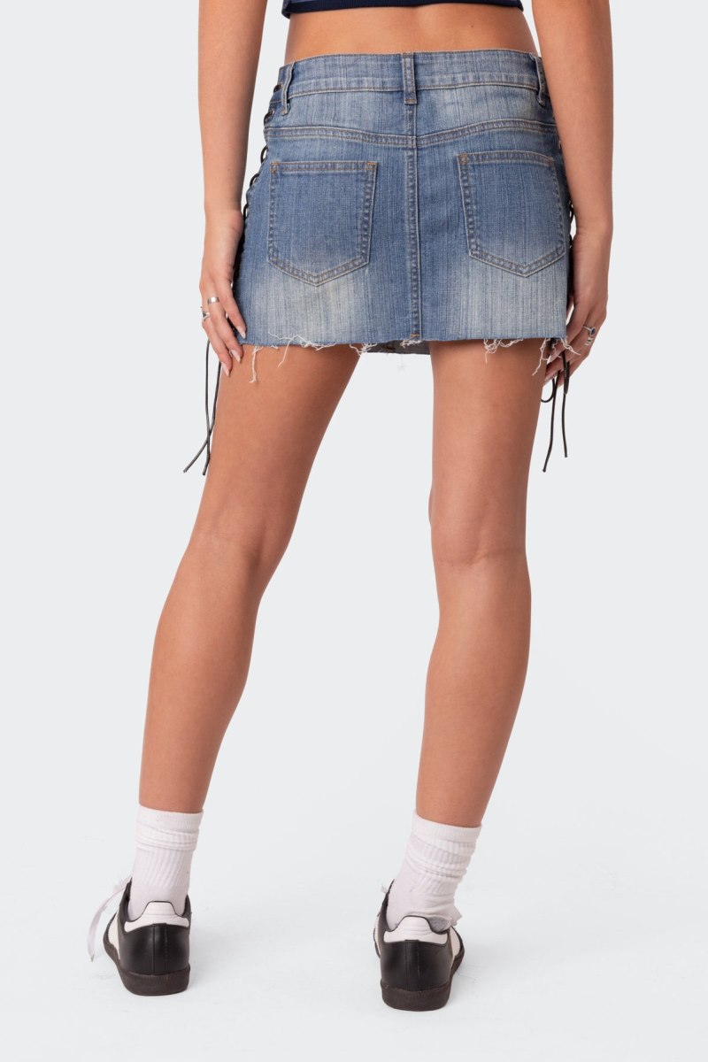 Edikted Side Lace Up Denim Mini Skirts Blue Washed | USA GG137983F6