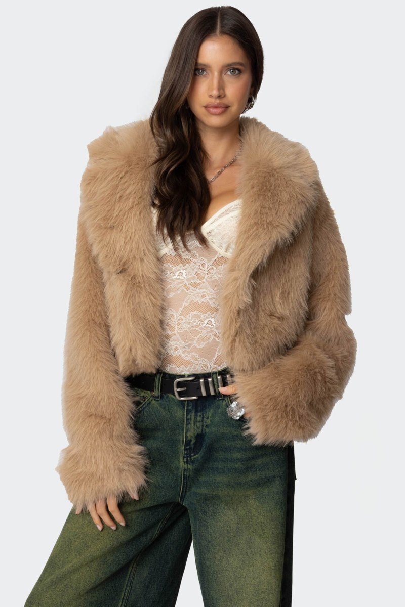 Edikted Sierra Oversized Faux Fur Jackets Camel | USA UJ374697I6