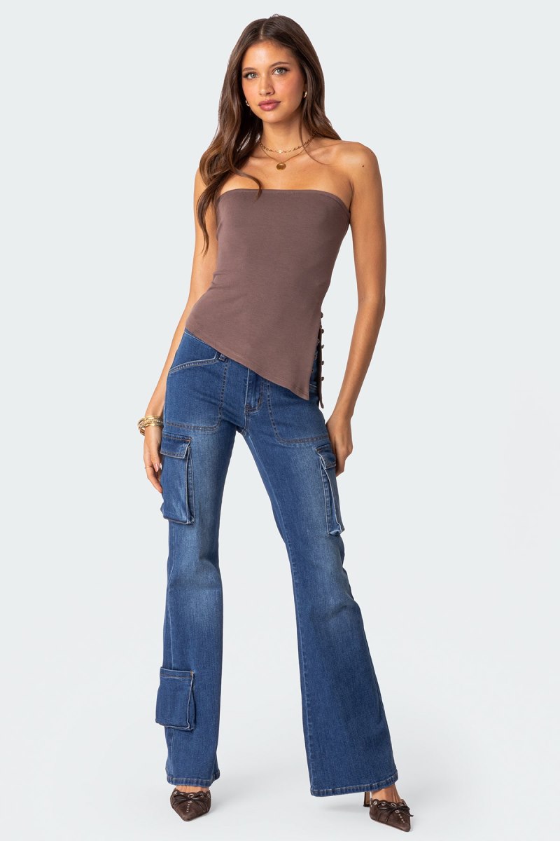 Edikted Silvia Asymmetric Hem Strapless Tops Brown | USA TS372287W7