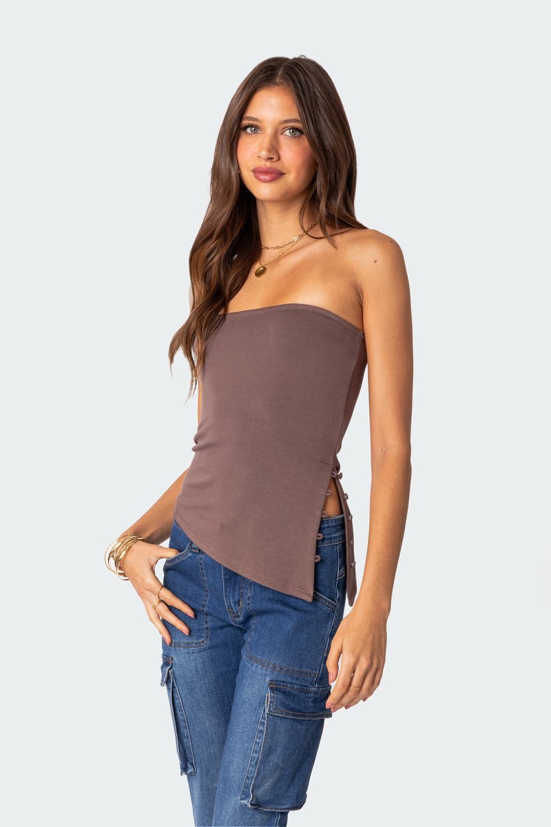 Edikted Silvia Asymmetric Hem Strapless Tops Brown | USA TS372287W7