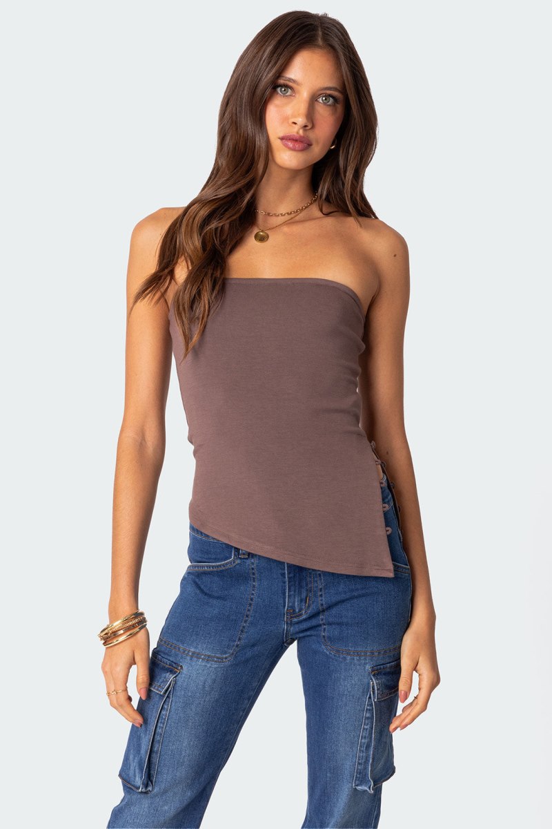 Edikted Silvia Asymmetric Hem Strapless Tops Brown | USA TS372287W7