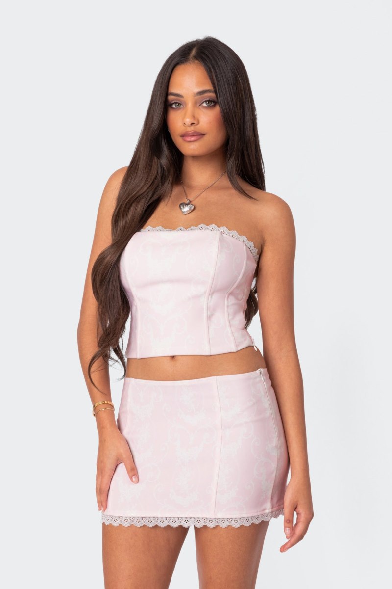 Edikted Silvie Printed Lace Up Corset Crop Tops Pink | USA PS332363P8