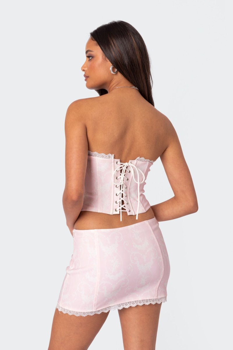 Edikted Silvie Printed Lace Up Corset Crop Tops Pink | USA PS332363P8