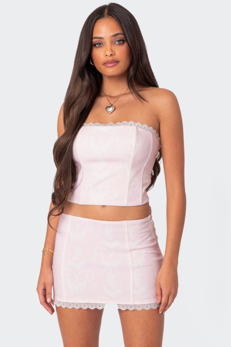 Edikted Silvie Printed Lace Up Corset Crop Tops Pink | USA PS332363P8
