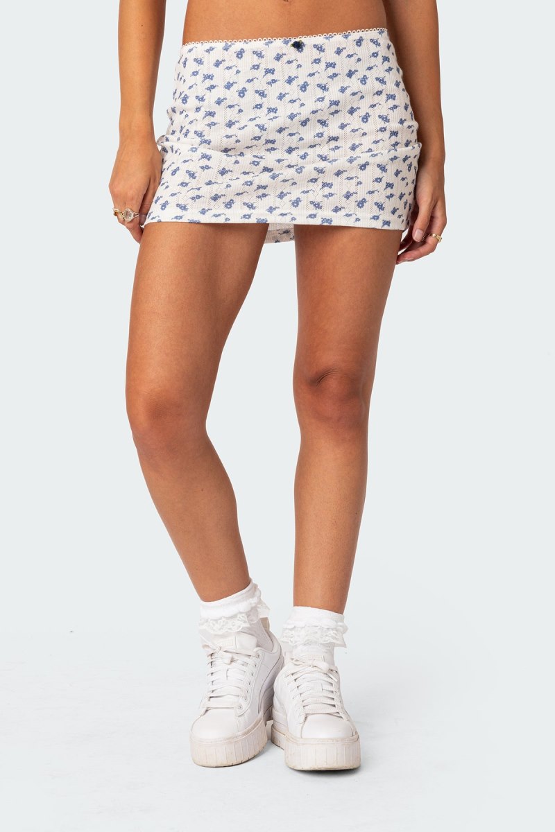 Edikted Sinclair Printed Pointelle Mini Skirts White And Blue | USA IY903720O1