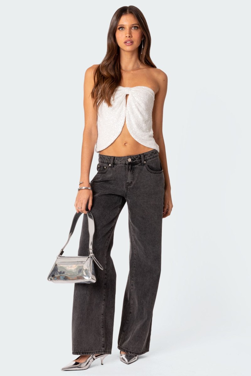 Edikted Siren Sequin Split Front Crop Tops Cream | USA DA345344R9