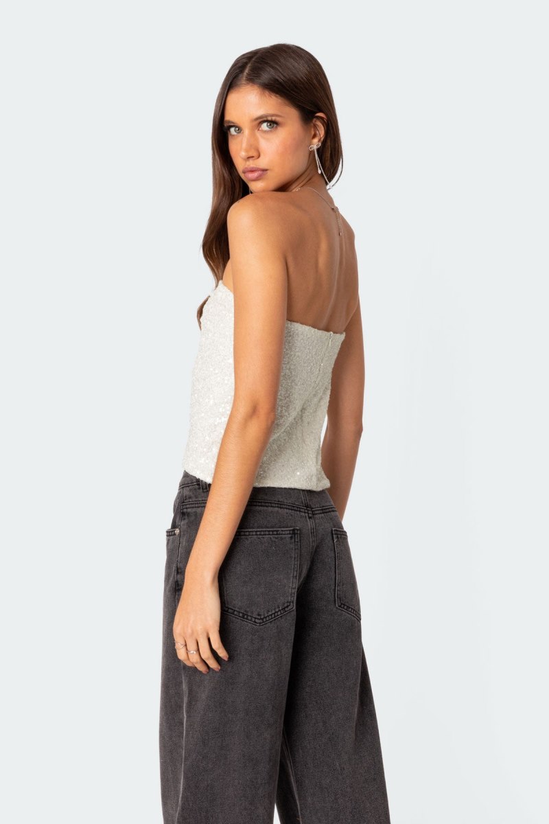 Edikted Siren Sequin Split Front Crop Tops Cream | USA DA345344R9