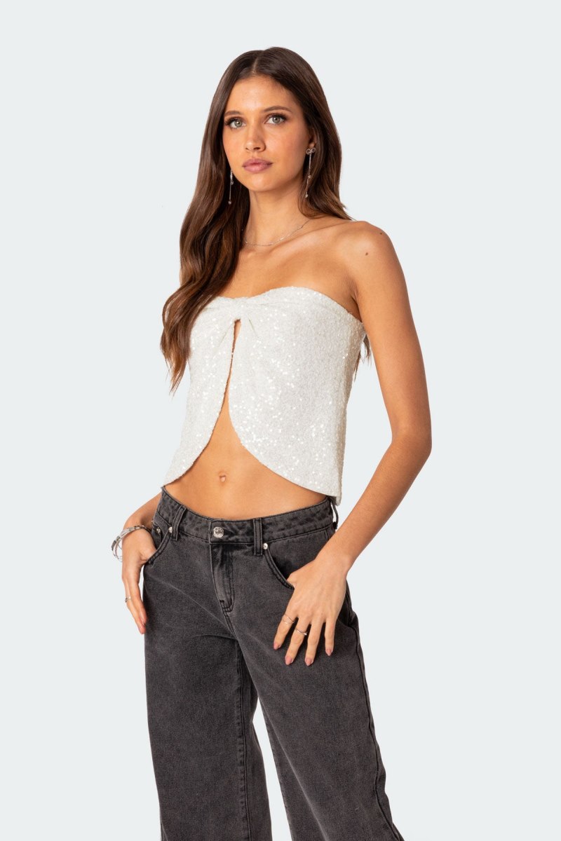Edikted Siren Sequin Split Front Strapless Tops Cream | USA ZF084748T6