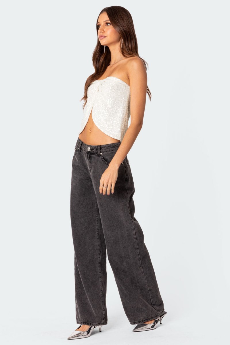 Edikted Siren Sequin Split Front Strapless Tops Cream | USA ZF084748T6