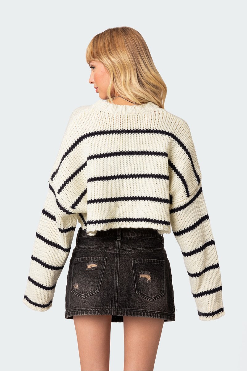 Edikted Sister Striped Cropped Sweater Cream | USA VE315951Q1
