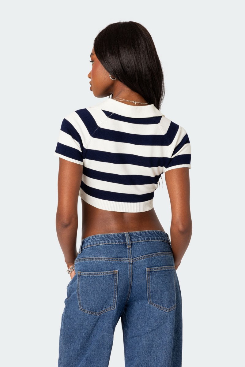 Edikted Skai Knitted Crop Tops Navy And White | USA LY950235I6