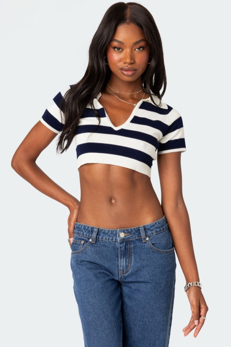 Edikted Skai Knitted Crop Tops Navy And White | USA LY950235I6