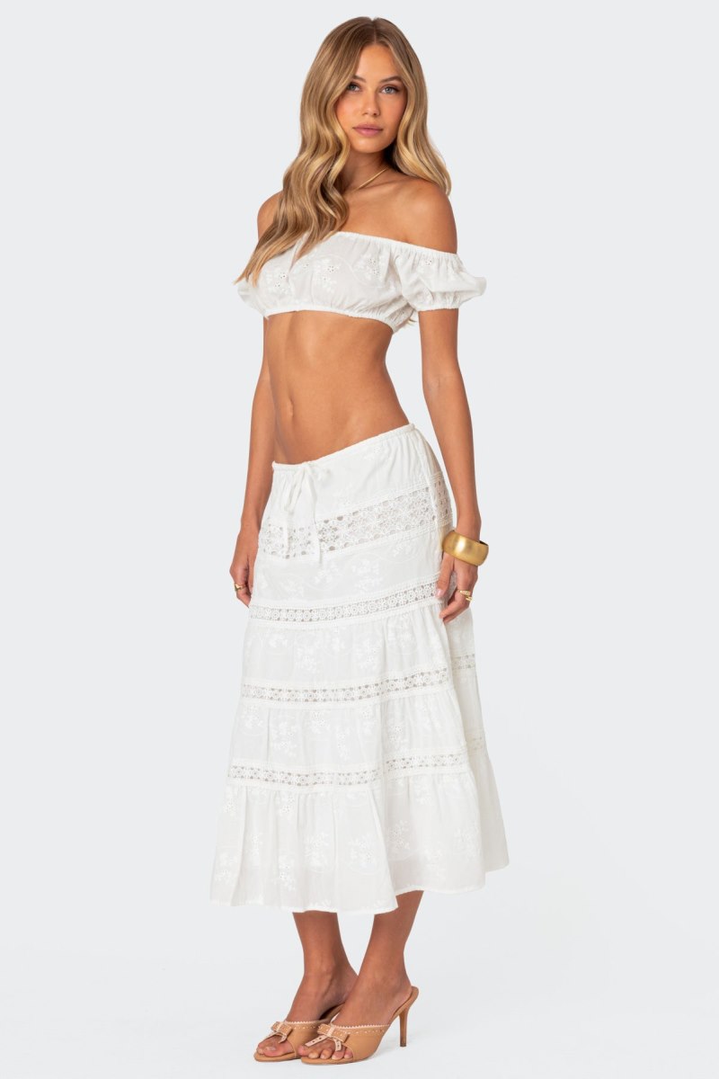 Edikted Skye Off Shoulder Eyelet Crop Tops White | USA UD344364H4
