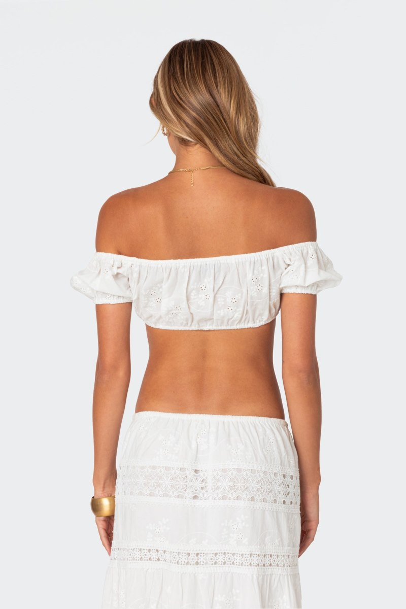 Edikted Skye Off Shoulder Eyelet Crop Tops White | USA UD344364H4