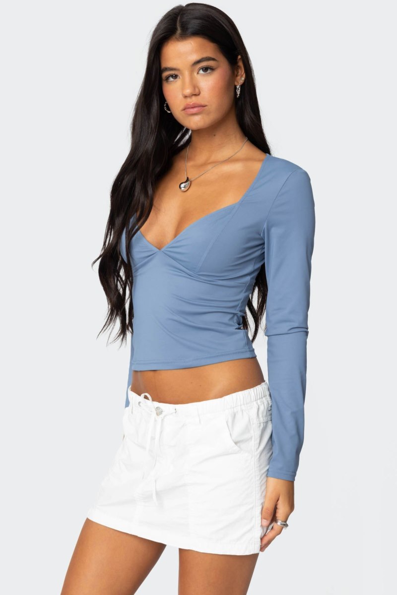 Edikted Skylar V Neck Long Sleeve Tops Navy | USA AZ777677T9