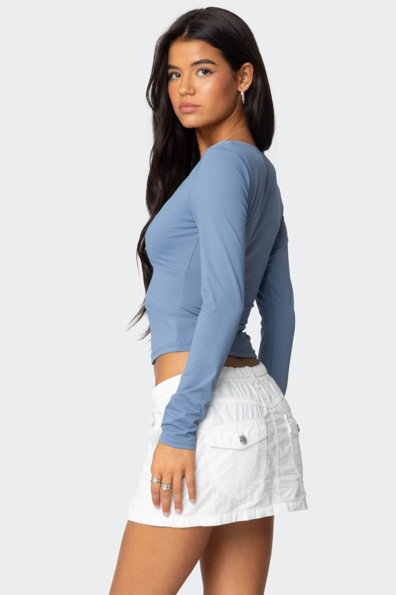Edikted Skylar V Neck Long Sleeve Tops Navy | USA AZ777677T9