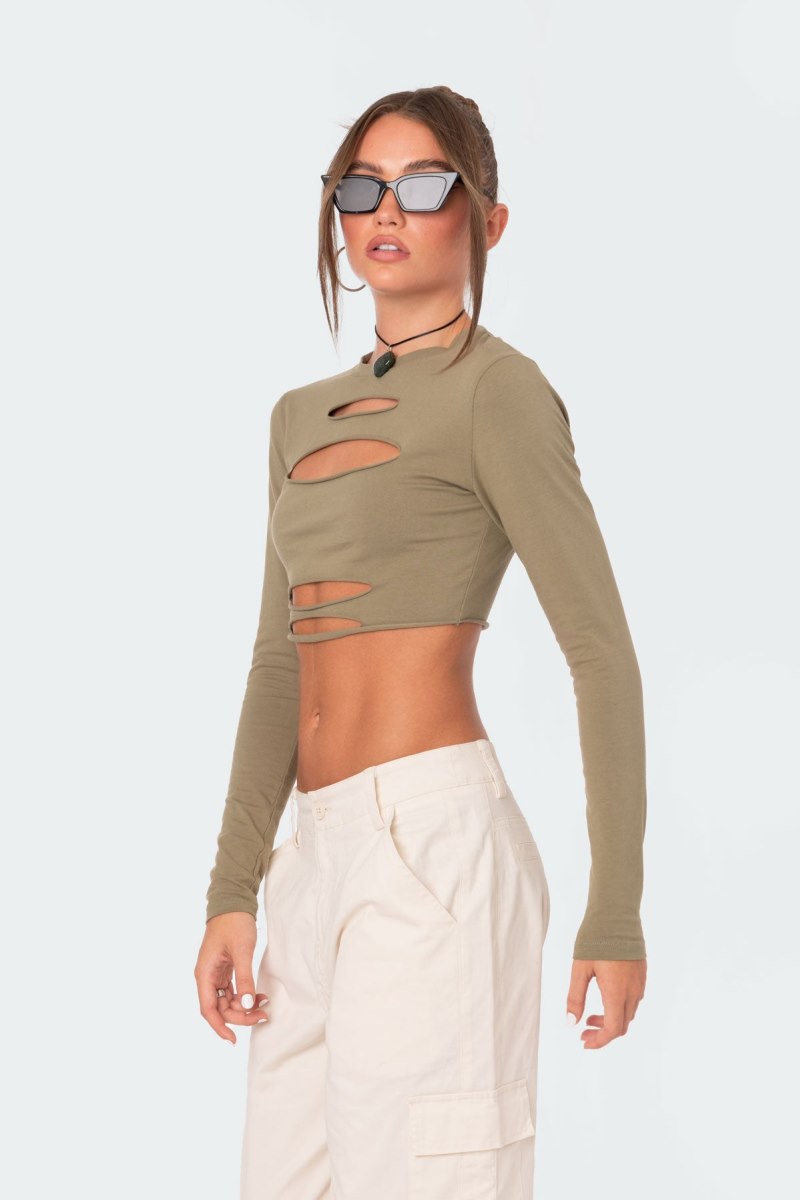 Edikted Slashed Crop Long Sleeve Tops Olive | USA CE240564U0