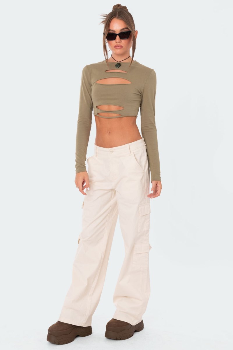 Edikted Slashed Crop Long Sleeve Tops Olive | USA CE240564U0