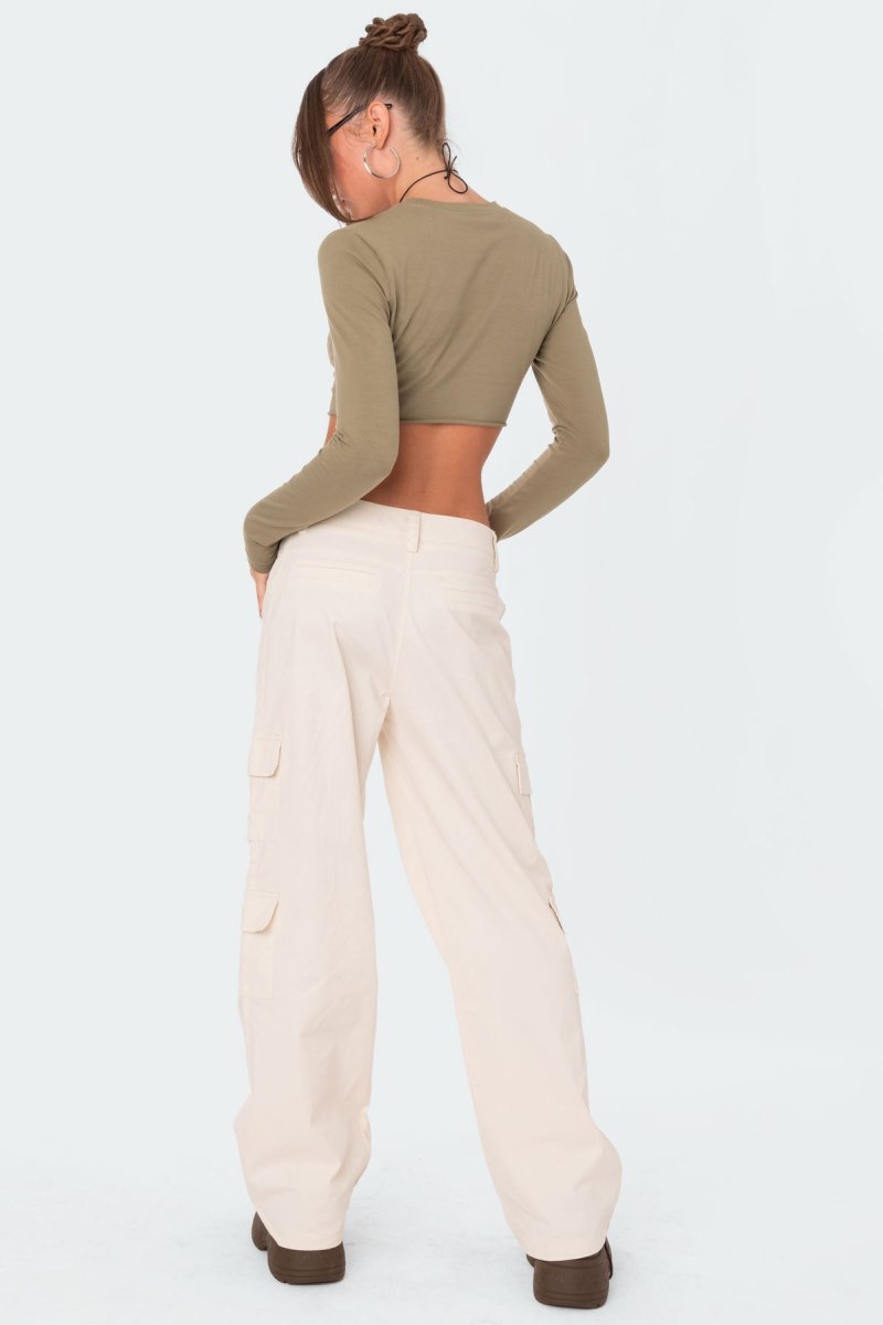 Edikted Slashed Crop Long Sleeve Tops Olive | USA CE240564U0