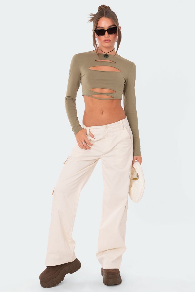 Edikted Slashed Crop Tops Olive | USA XK957645M6