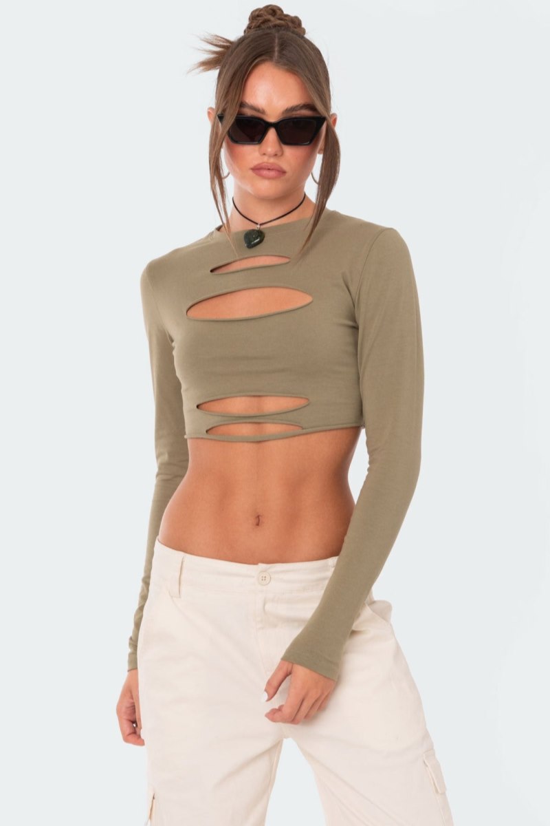 Edikted Slashed Crop Tops Olive | USA XK957645M6