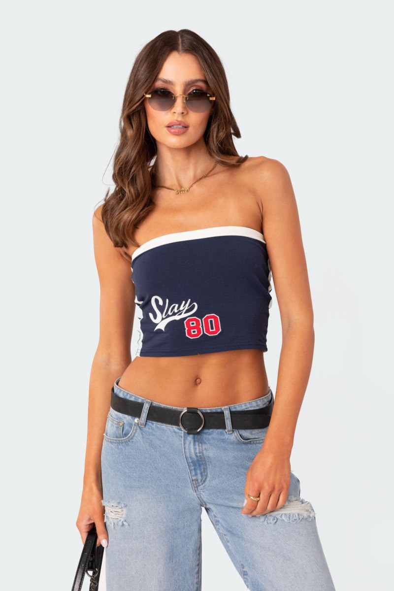 Edikted Slay Tube Graphic Tops Navy | USA ST424412T9