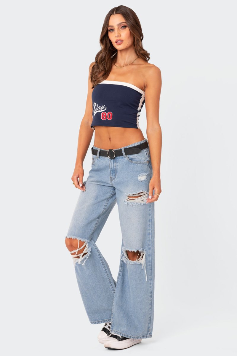 Edikted Slay Tube Graphic Tops Navy | USA ST424412T9