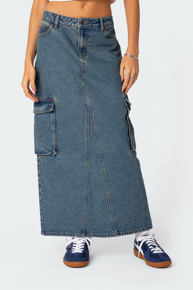 Edikted Slitted Cargo Denim Maxi Skirts Blue | USA UH222232U4