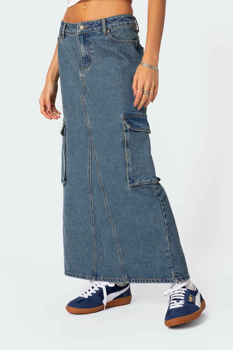 Edikted Slitted Cargo Denim Maxi Skirts Blue | USA UH222232U4