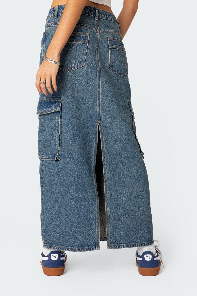 Edikted Slitted Cargo Denim Maxi Skirts Blue | USA UH222232U4